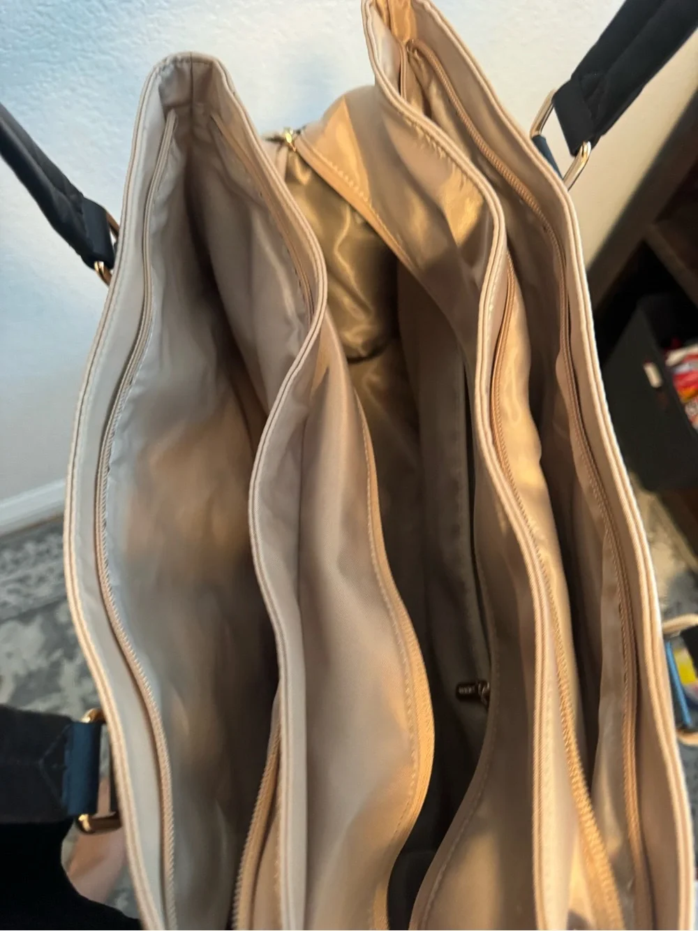 Two-Tone Brown and Beige Tote with Black Handles
